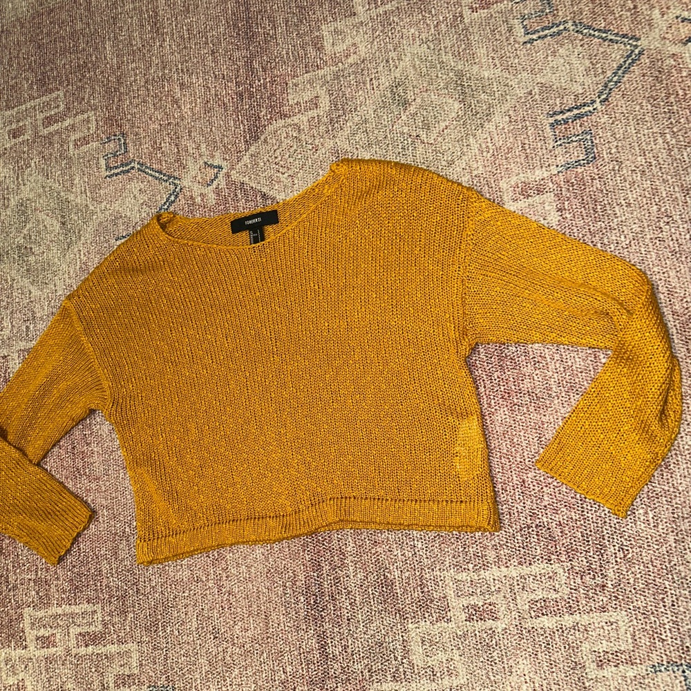 Forever 21 open knit cropped long sleeve crew neck sweater in orange size small